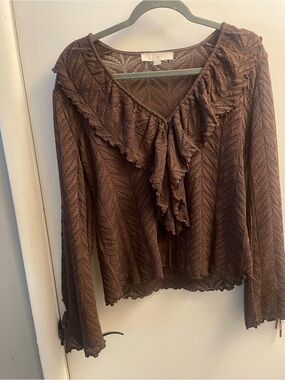 Loft Fashion Chocolate Brown Ruffle Lace Knit Blouse